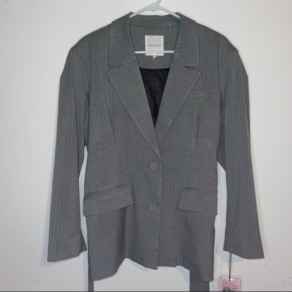 Avec Les Filles Belted Grey Pinstripe Blazer Jacket - Picture 6 of 14